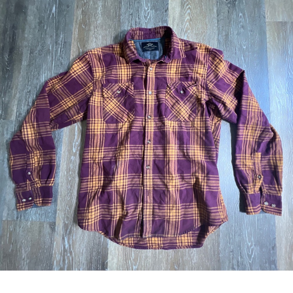MBX Plaid Flannel Shirt Mens Medium Burgundy Yellow Long Sleeve Button Down